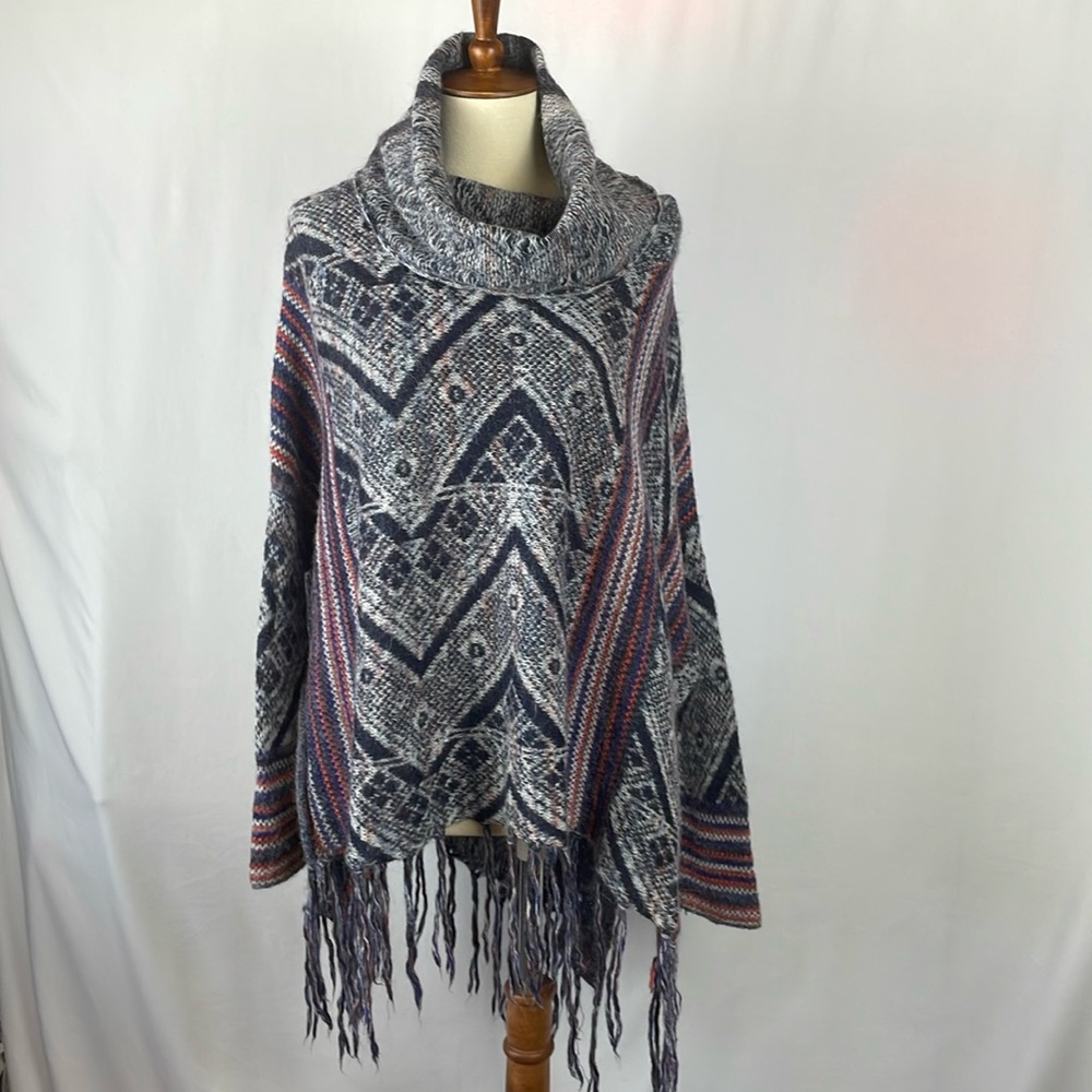 Free People "Be the One" Wool Poncho Sweater w/Cowl Neck and Fringe - Size XS